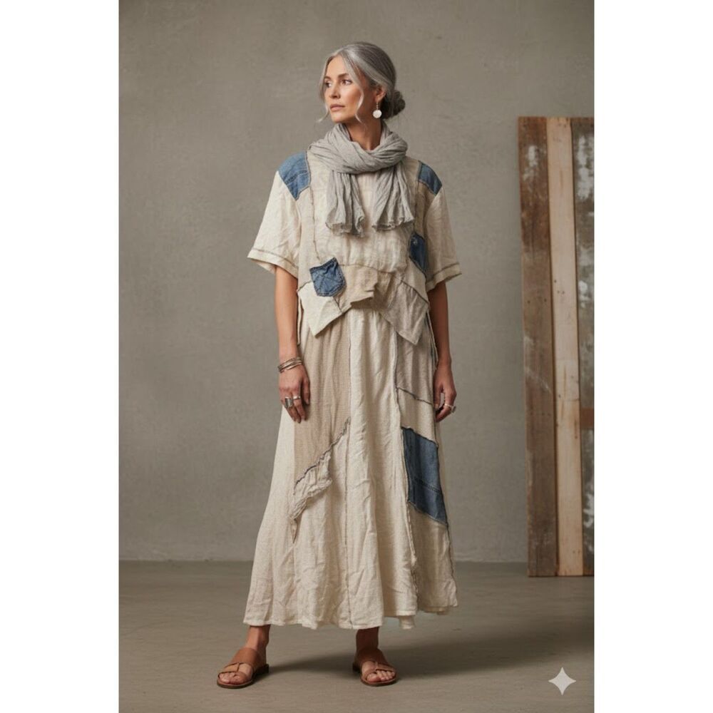 Vintage A. Spence mixed media lagen look maxi skirt cream and denim
